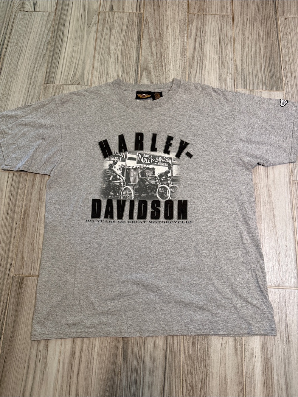 Harley-Davidson Gray Tee with Black Vintage Motorcycle Graphic